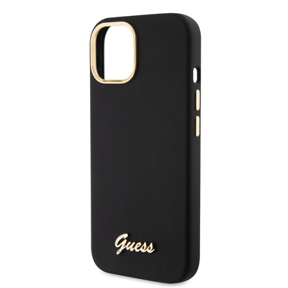Hoes voor Apple iPhone 15, Guess, Script Metal Logo & Frame, Zwart