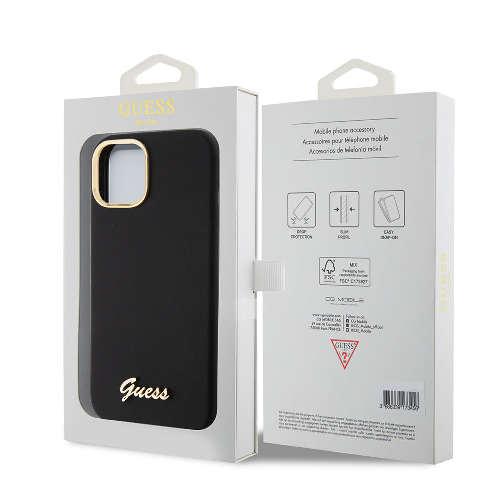 Hoes voor Apple iPhone 15, Guess, Script Metal Logo & Frame, Zwart