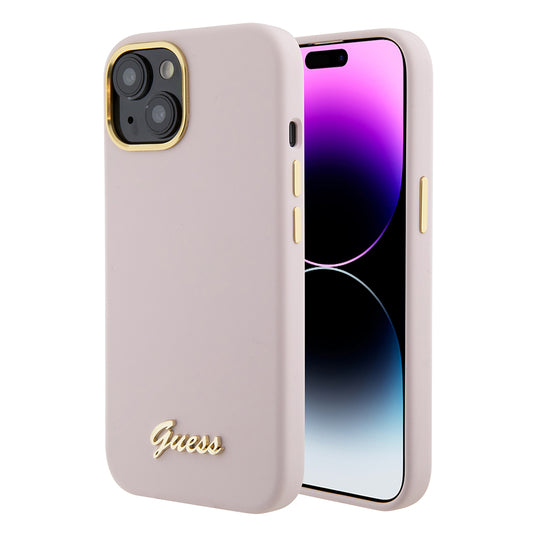 Hoes voor Apple iPhone 15, Guess, Script Metal Logo & Frame, Lichtroze
