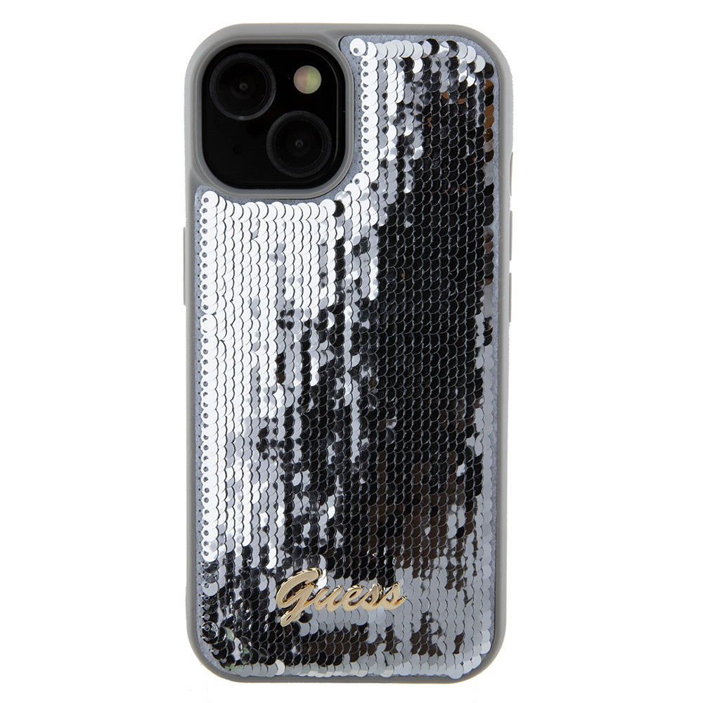 Hoes voor Apple iPhone 15, Guess, Sequin Script Metal, Zilverkleurig