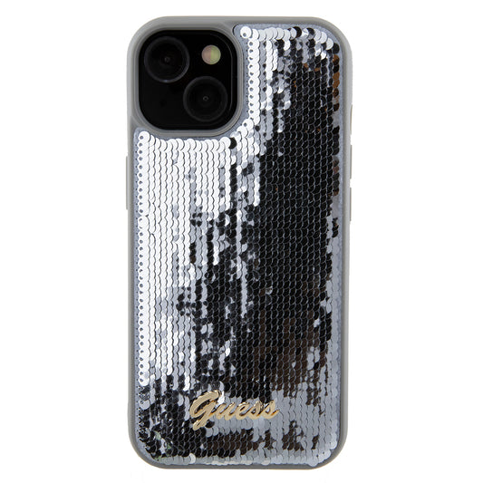 Hoes voor Apple iPhone 15, Guess, Sequin Script Metal, Zilverkleurig