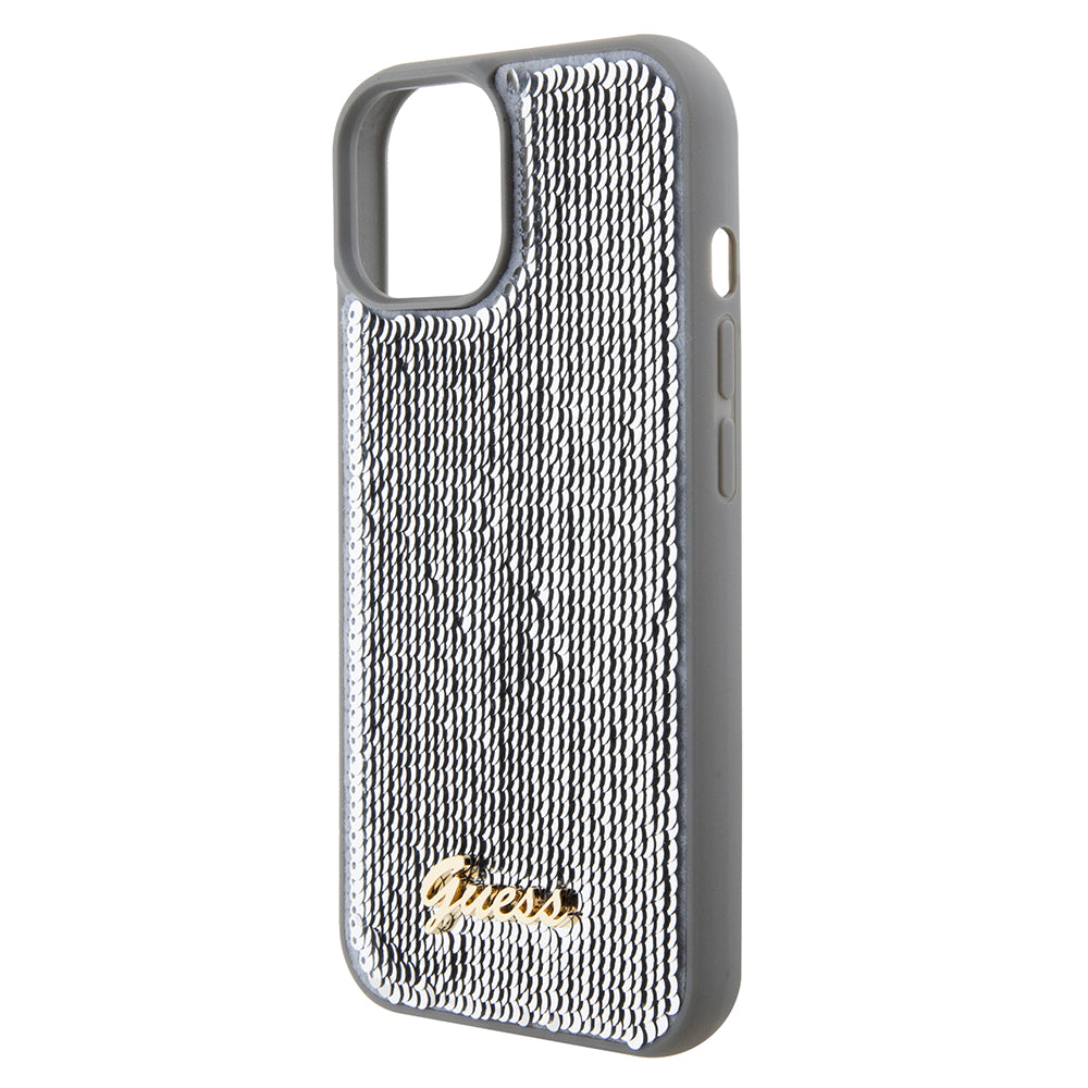 Hoes voor Apple iPhone 15, Guess, Sequin Script Metal, Zilverkleurig