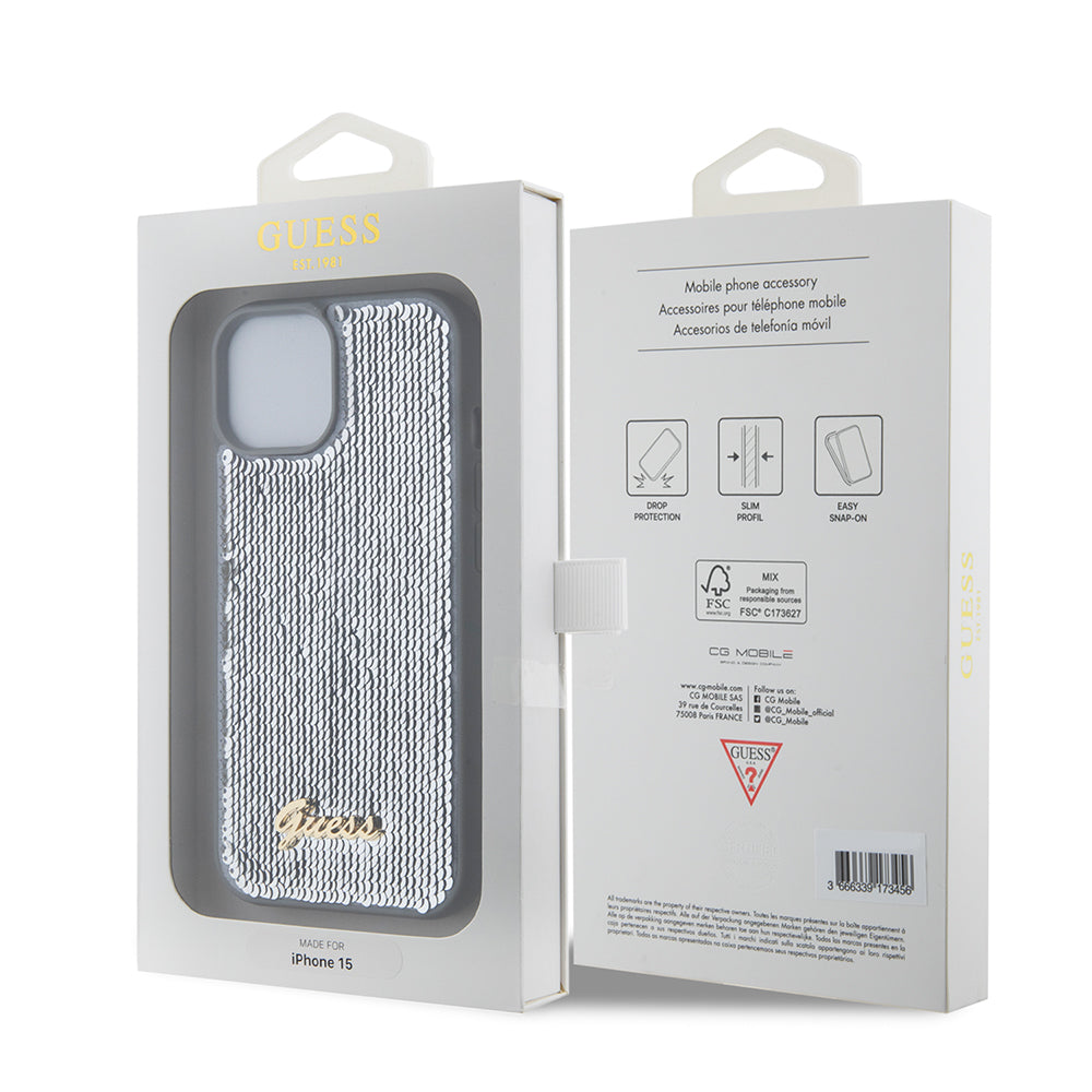 Hoes voor Apple iPhone 15, Guess, Sequin Script Metal, Zilverkleurig