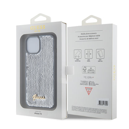 Hoes voor Apple iPhone 15, Guess, Sequin Script Metal, Zilverkleurig