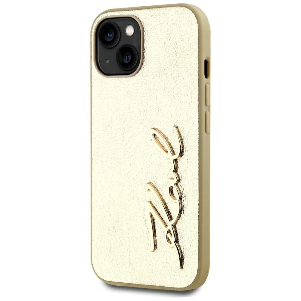 Hoes voor Apple iPhone 15, Karl Lagerfeld, Metal Signature, Goud