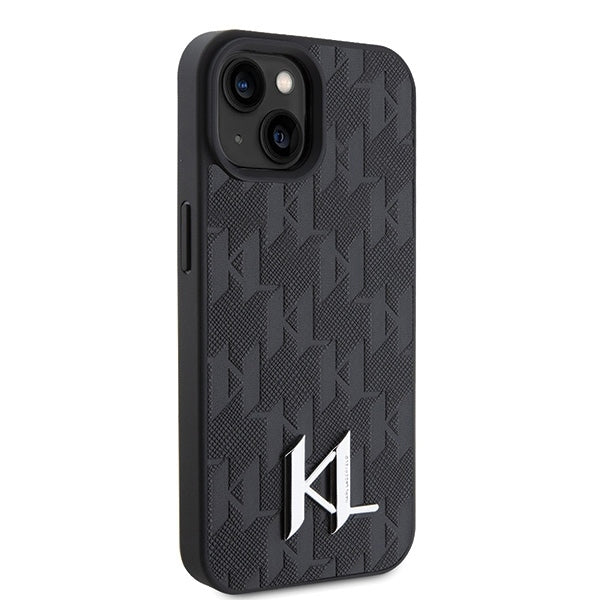 Hoes voor Apple iPhone 15, Karl Lagerfeld, Monogram Hot Stamp Metal Logo, Zwart
