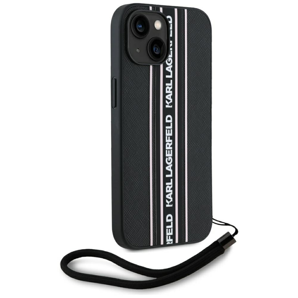 Case for Apple iPhone 15, Karl Lagerfeld, Saffiano Athleisure Stripes with Strap, Pink