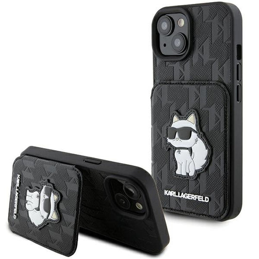 Hoes voor Apple iPhone 15, Karl Lagerfeld, Saffiano Cardslots en Stand Monogram Choupette, Zwart
