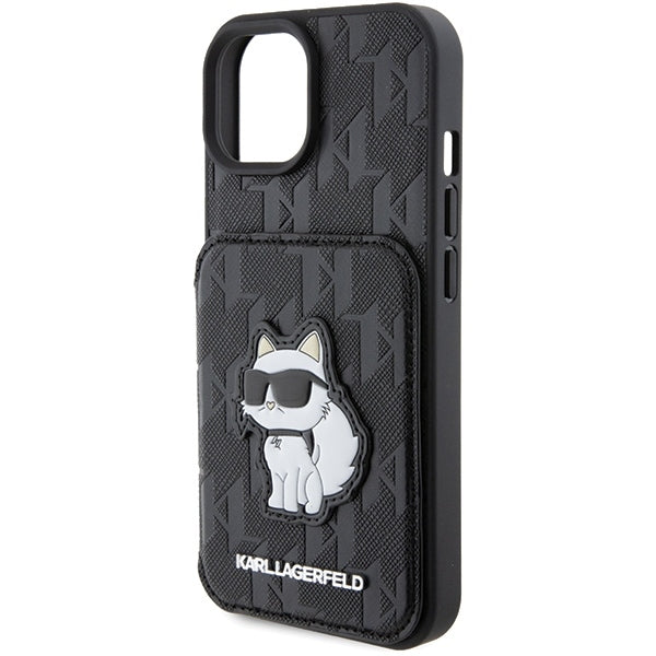 Hoes voor Apple iPhone 15, Karl Lagerfeld, Saffiano Cardslots en Stand Monogram Choupette, Zwart