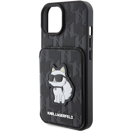 Hoes voor Apple iPhone 15, Karl Lagerfeld, Saffiano Cardslots en Stand Monogram Choupette, Zwart