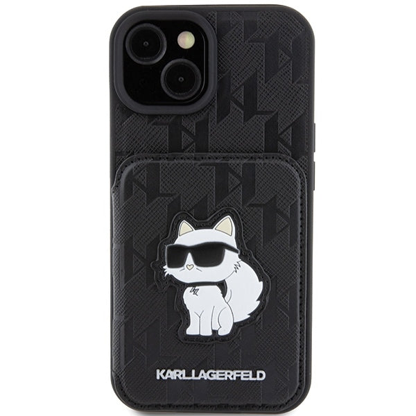 Hoes voor Apple iPhone 15, Karl Lagerfeld, Saffiano Cardslots en Stand Monogram Choupette, Zwart