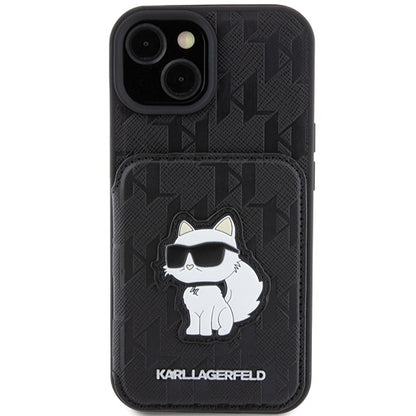 Hoes voor Apple iPhone 15, Karl Lagerfeld, Saffiano Cardslots en Stand Monogram Choupette, Zwart