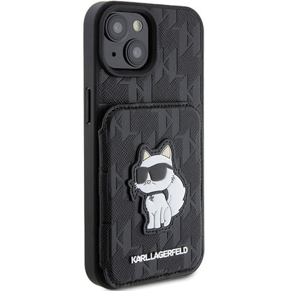 Hoes voor Apple iPhone 15, Karl Lagerfeld, Saffiano Cardslots en Stand Monogram Choupette, Zwart