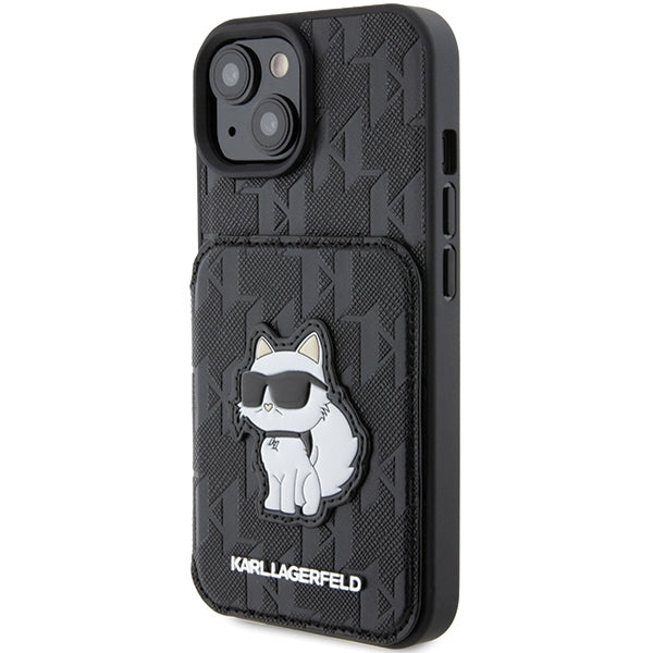 Hoes voor Apple iPhone 15, Karl Lagerfeld, Saffiano Cardslots en Stand Monogram Choupette, Zwart