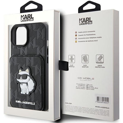 Hoes voor Apple iPhone 15, Karl Lagerfeld, Saffiano Cardslots en Stand Monogram Choupette, Zwart