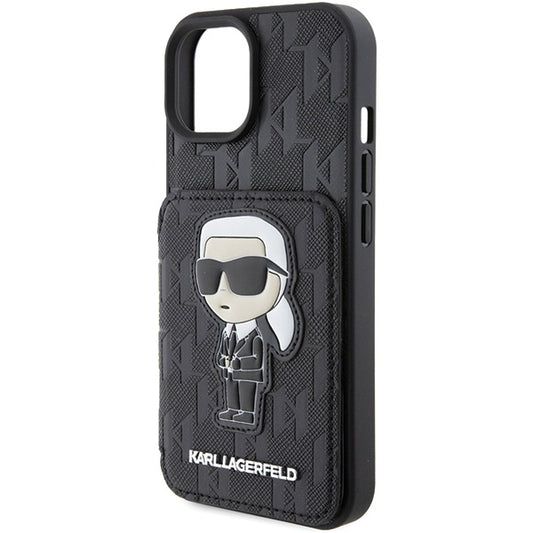 Hoes voor Apple iPhone 15, Karl Lagerfeld, Saffiano Cardslots en Stand Monogram Ikonik Karl, Zwart