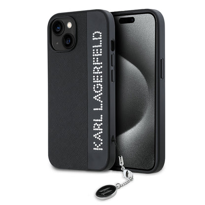 Hoes voor Apple iPhone 15, Karl Lagerfeld, Saffiano Rhinestones & Charm, Zwart