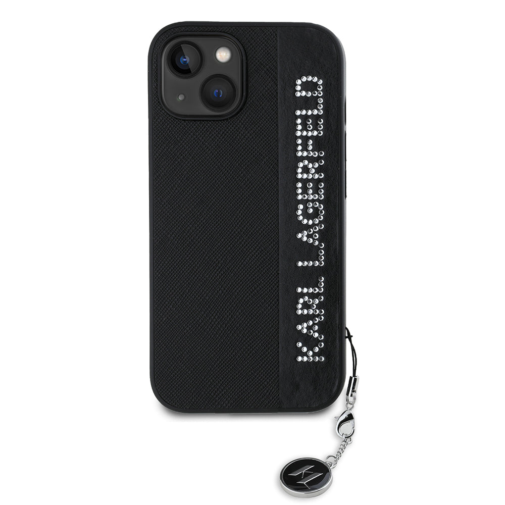Hoes voor Apple iPhone 15, Karl Lagerfeld, Saffiano Rhinestones & Charm, Zwart