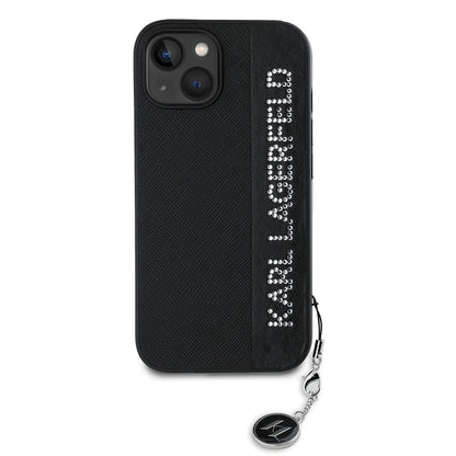 Hoes voor Apple iPhone 15, Karl Lagerfeld, Saffiano Rhinestones & Charm, Zwart
