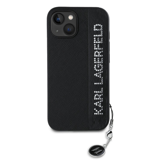 Hoes voor Apple iPhone 15, Karl Lagerfeld, Saffiano Rhinestones & Charm, Zwart