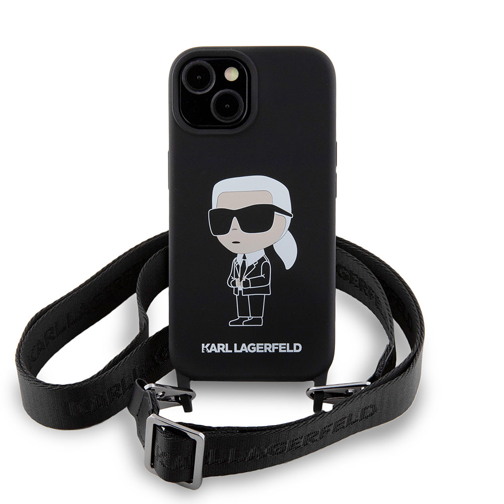 Hoes voor Apple iPhone 15, Karl Lagerfeld, Silicone Crossbody Ikonik Karl, Zwart