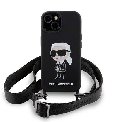 Hoes voor Apple iPhone 15, Karl Lagerfeld, Silicone Crossbody Ikonik Karl, Zwart