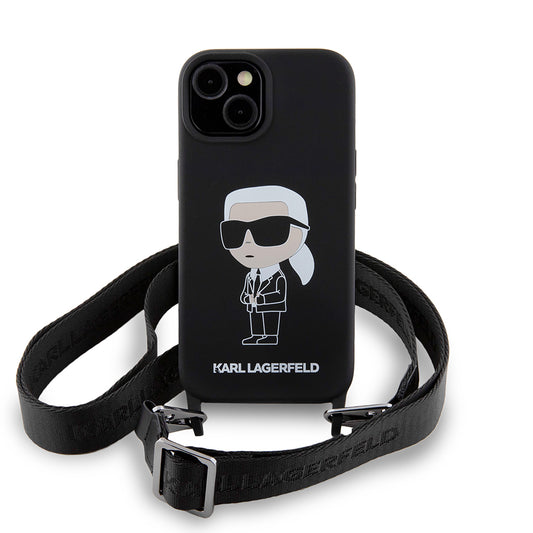 Hoes voor Apple iPhone 15, Karl Lagerfeld, Silicone Crossbody Ikonik Karl, Zwart