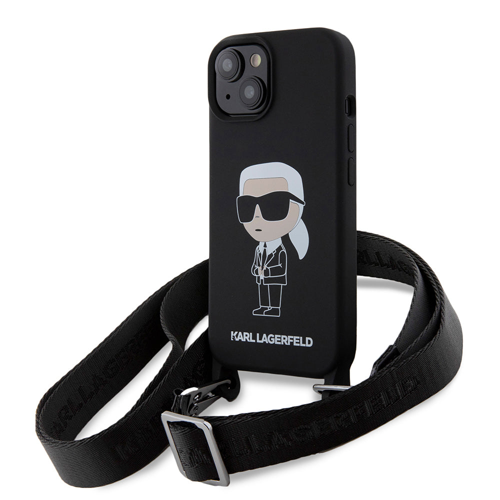 Hoes voor Apple iPhone 15, Karl Lagerfeld, Silicone Crossbody Ikonik Karl, Zwart
