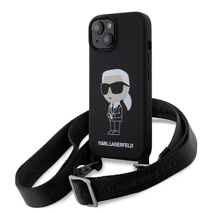 Hoes voor Apple iPhone 15, Karl Lagerfeld, Silicone Crossbody Ikonik Karl, Zwart