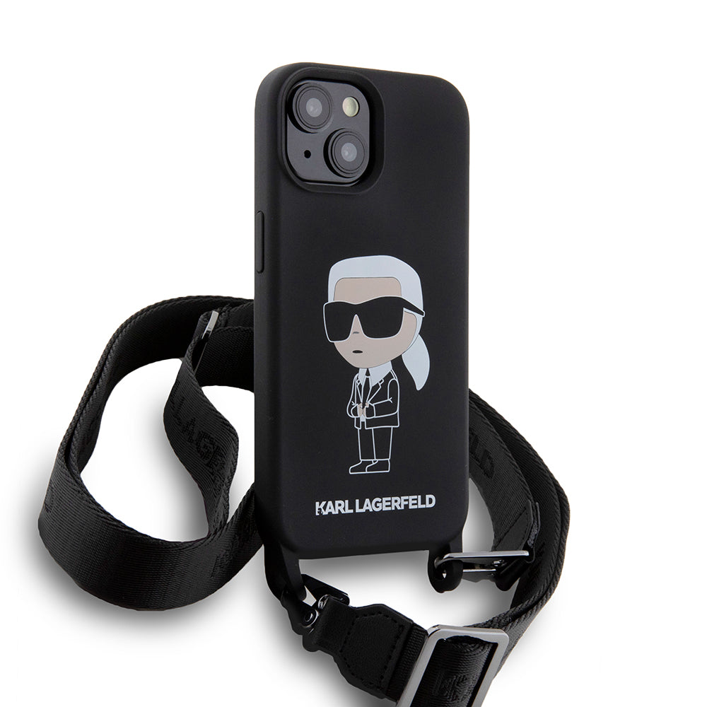 Hoes voor Apple iPhone 15, Karl Lagerfeld, Silicone Crossbody Ikonik Karl, Zwart