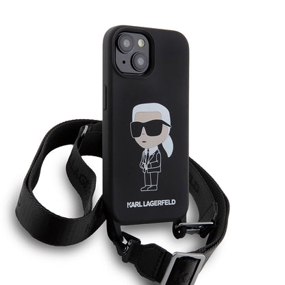 Hoes voor Apple iPhone 15, Karl Lagerfeld, Silicone Crossbody Ikonik Karl, Zwart