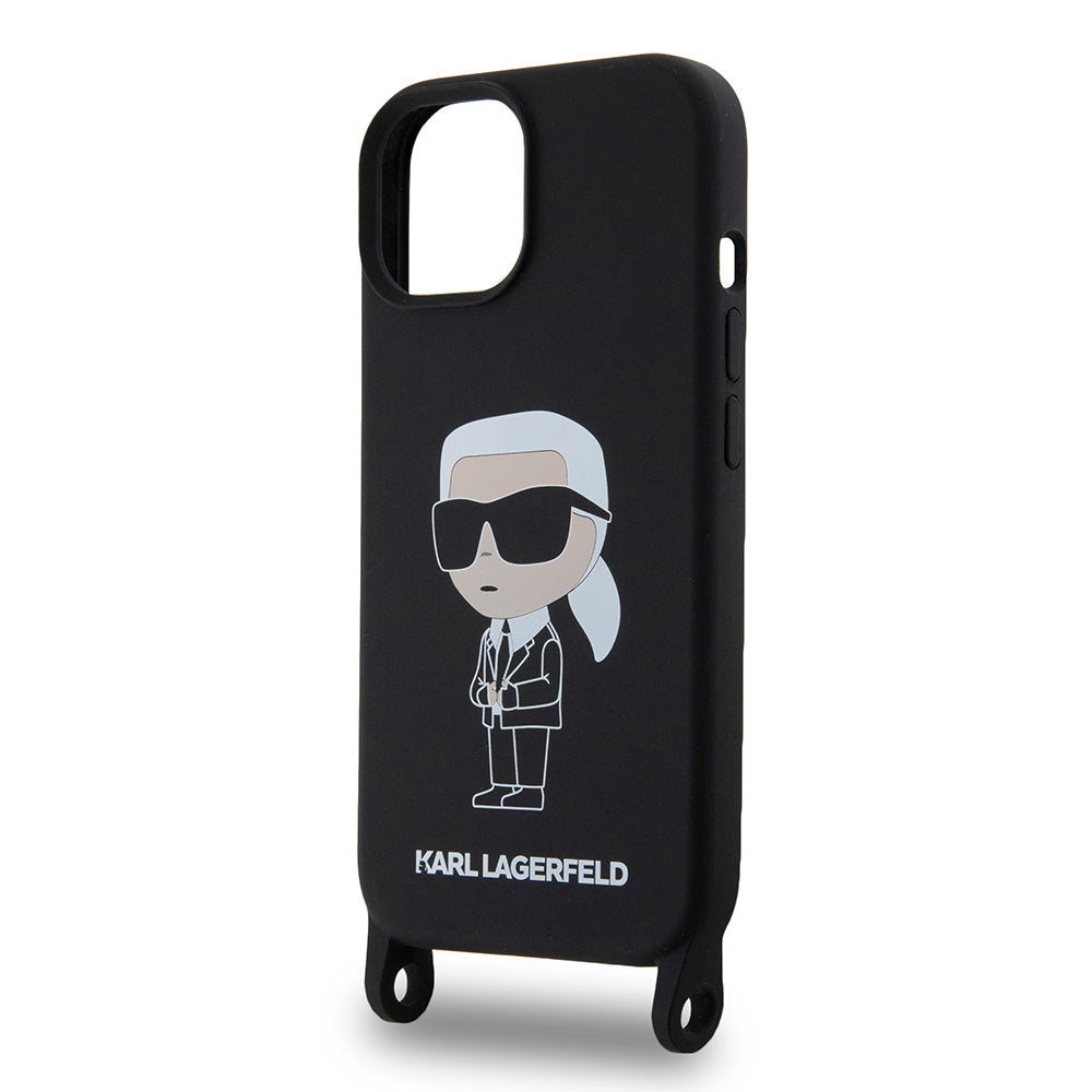 Hoes voor Apple iPhone 15, Karl Lagerfeld, Silicone Crossbody Ikonik Karl, Zwart