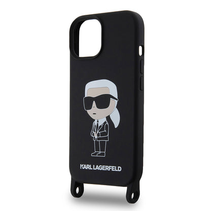 Hoes voor Apple iPhone 15, Karl Lagerfeld, Silicone Crossbody Ikonik Karl, Zwart