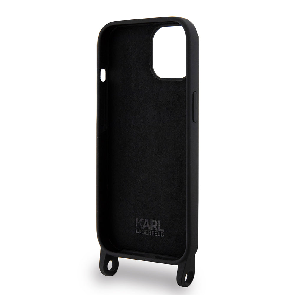 Hoes voor Apple iPhone 15, Karl Lagerfeld, Silicone Crossbody Ikonik Karl, Zwart