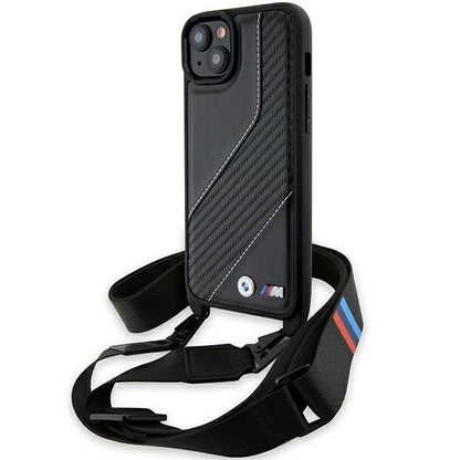 Hoes voor Apple iPhone 15 Plus, BMW, M Edition Carbon Stripe & Strap, Zwart