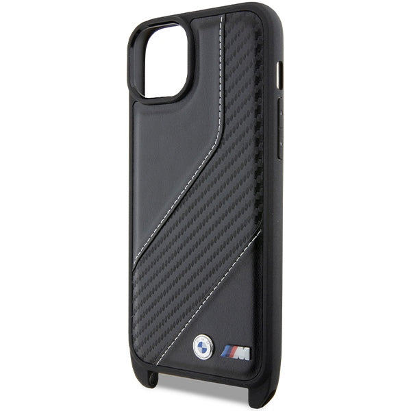 Hoes voor Apple iPhone 15 Plus, BMW, M Edition Carbon Stripe & Strap, Zwart