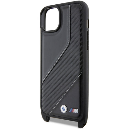 Hoes voor Apple iPhone 15 Plus, BMW, M Edition Carbon Stripe & Strap, Zwart