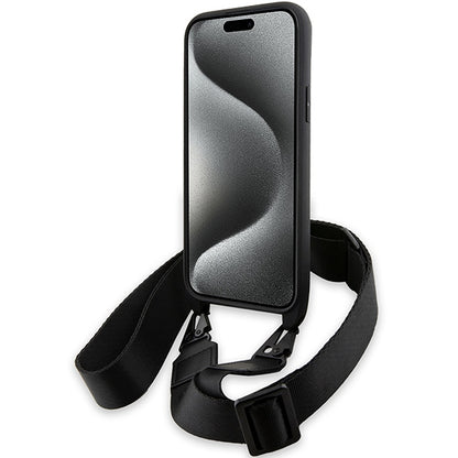 Hoes voor Apple iPhone 15 Plus, BMW, M Edition Carbon Stripe & Strap, Zwart