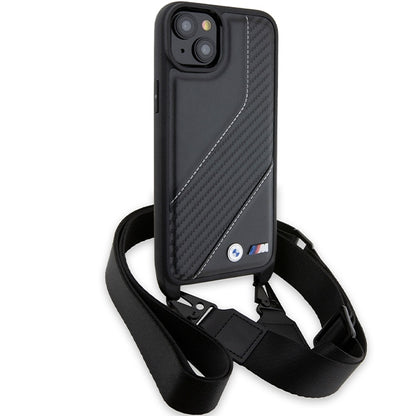 Hoes voor Apple iPhone 15 Plus, BMW, M Edition Carbon Stripe & Strap, Zwart