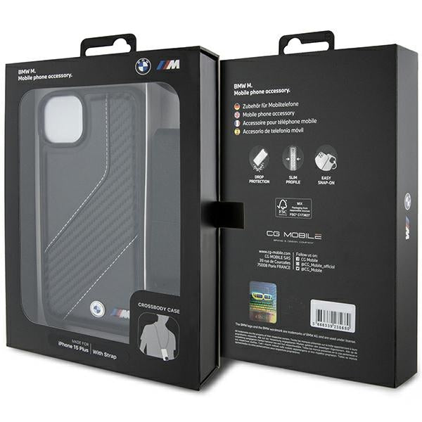 Hoes voor Apple iPhone 15 Plus, BMW, M Edition Carbon Stripe & Strap, Zwart