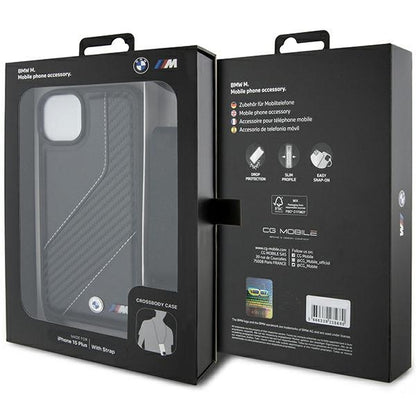 Hoes voor Apple iPhone 15 Plus, BMW, M Edition Carbon Stripe & Strap, Zwart