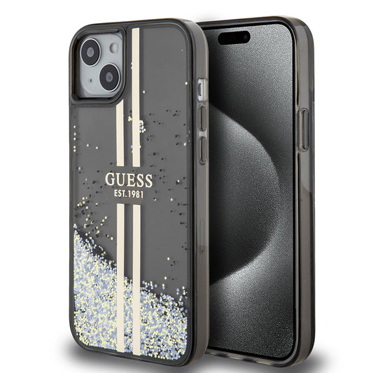 Hoes voor Apple iPhone 15 Plus, Guess, Liquid Glitter Gold Stripes, Zwart