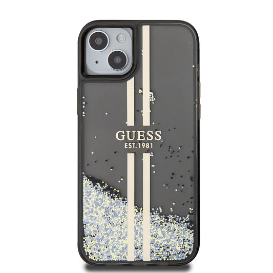 Hoes voor Apple iPhone 15 Plus, Guess, Liquid Glitter Gold Stripes, Zwart