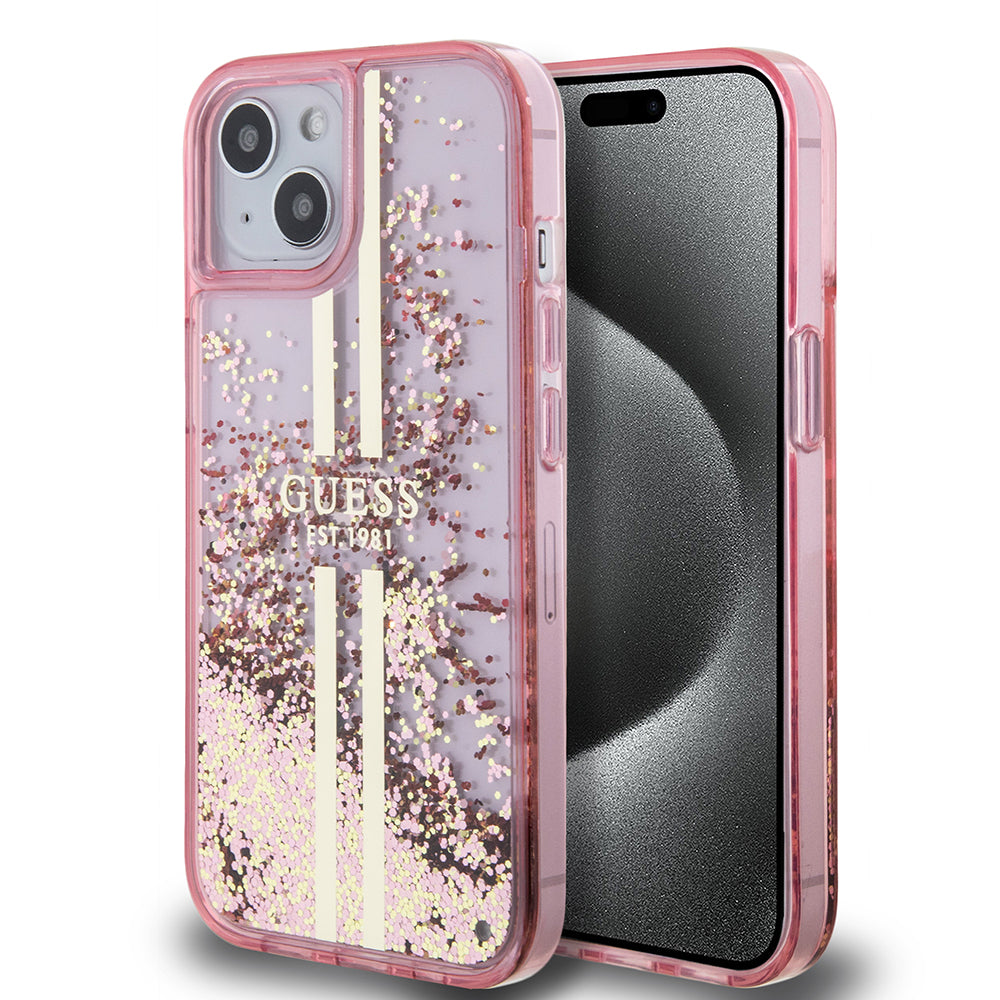Hoes voor Apple iPhone 15 Plus, Guess, Liquid Glitter Gold Stripes, Roze