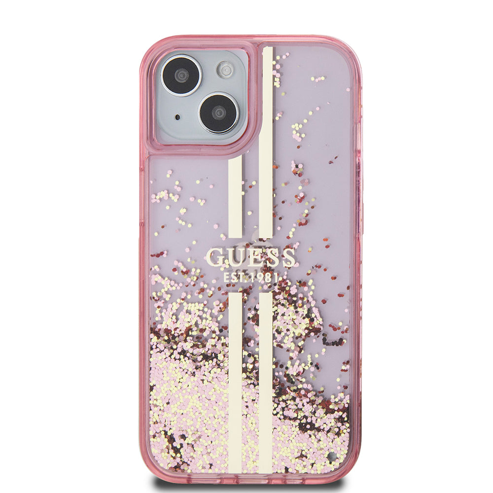 Hoes voor Apple iPhone 15 Plus, Guess, Liquid Glitter Gold Stripes, Roze