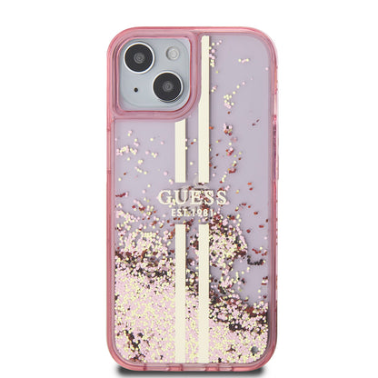 Hoes voor Apple iPhone 15 Plus, Guess, Liquid Glitter Gold Stripes, Roze