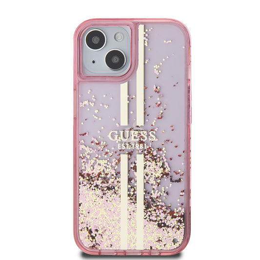 Hoes voor Apple iPhone 15 Plus, Guess, Liquid Glitter Gold Stripes, Roze