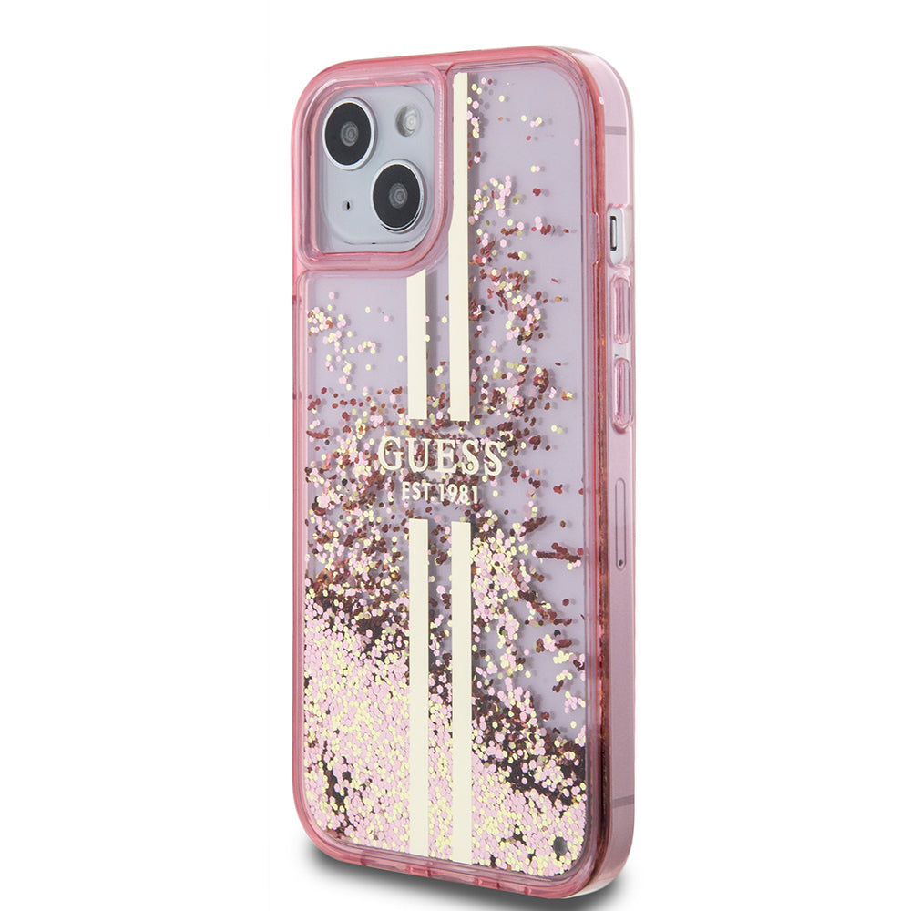 Hoes voor Apple iPhone 15 Plus, Guess, Liquid Glitter Gold Stripes, Roze