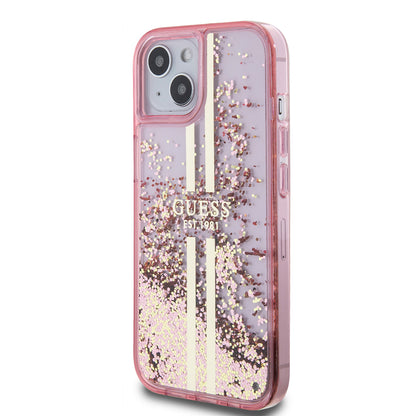 Hoes voor Apple iPhone 15 Plus, Guess, Liquid Glitter Gold Stripes, Roze