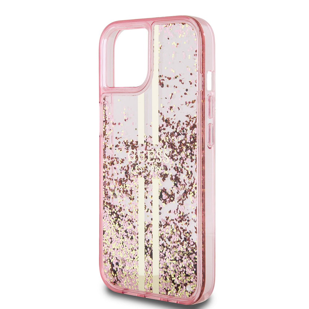 Hoes voor Apple iPhone 15 Plus, Guess, Liquid Glitter Gold Stripes, Roze